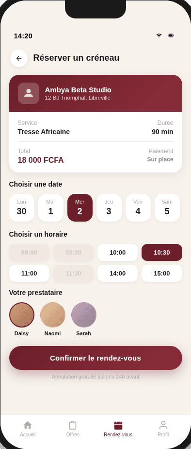 Écran de réservation AMBYA