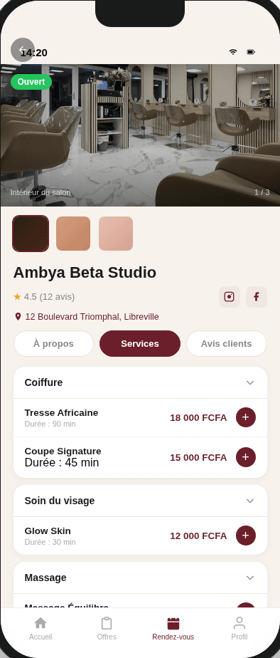 Fiche salon AMBYA — services et tarifs